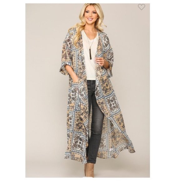 Blu Heaven Jackets & Blazers - Boho Windowpane Floral Print Long Kimono w/Pockets